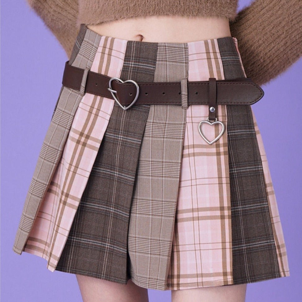 Pink coffee splicing plaid A-line pleated skirt