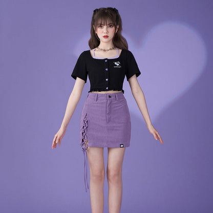 Purple black fake two short cardigan tops