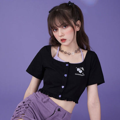 Purple black fake two short cardigan tops