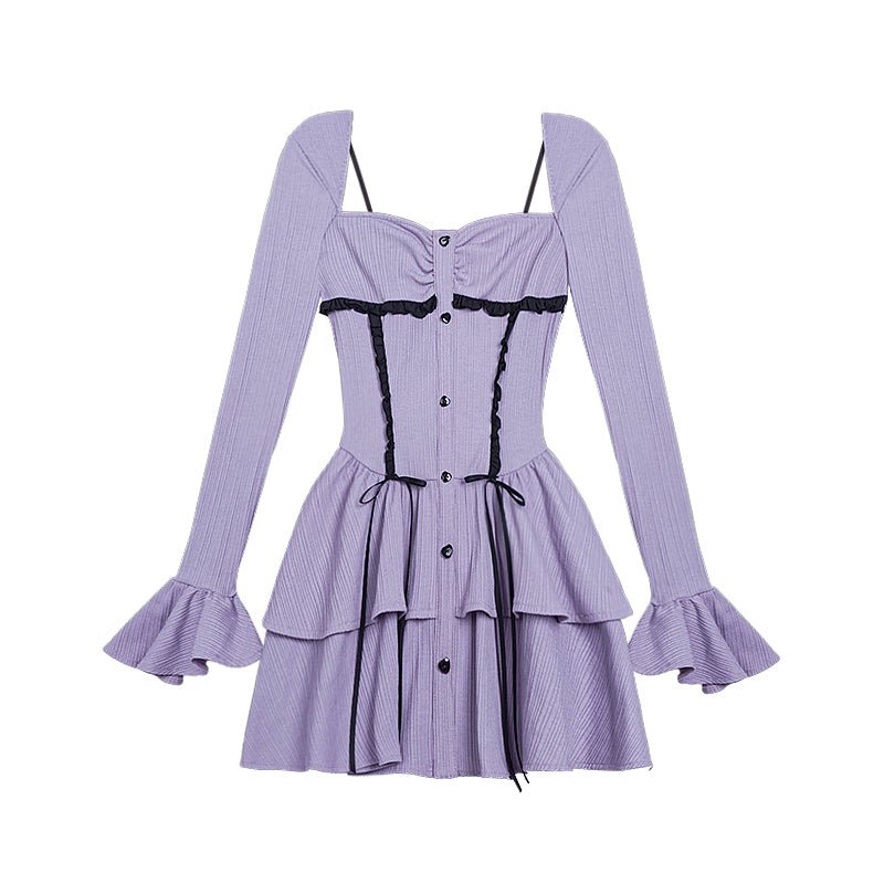 Purple Striped Split Design Ruffle Dress