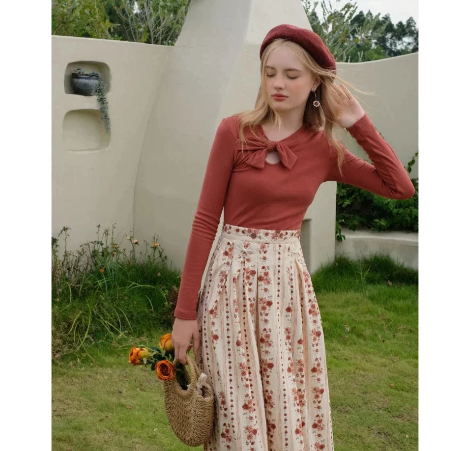 薔薇の花の縦縞柄ハイウエストスカート