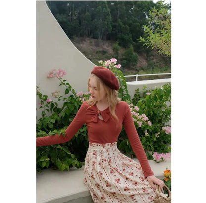 薔薇の花の縦縞柄ハイウエストスカート