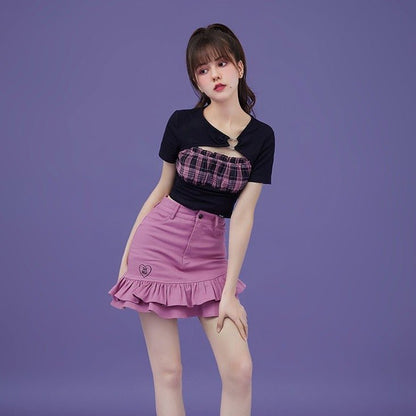 Raspberry color high waist bag hip skirt