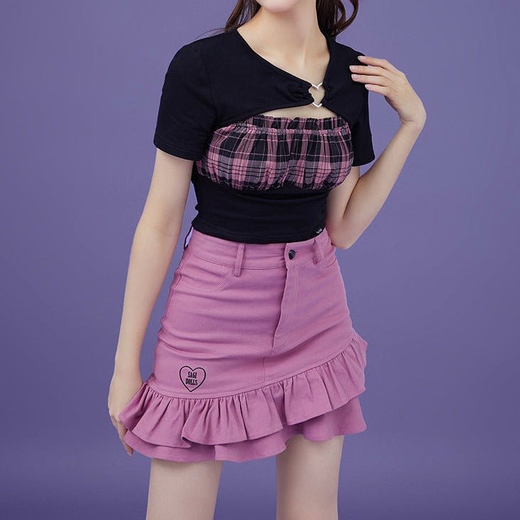 Raspberry color high waist bag hip skirt