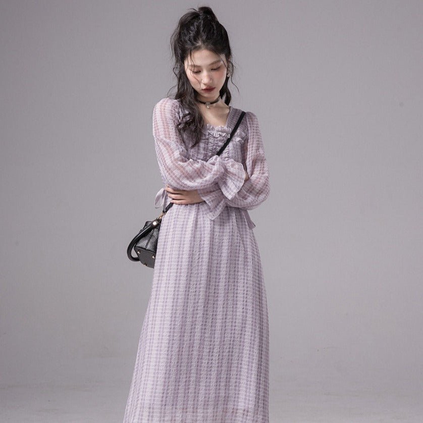 Rattan purple retro romantic chiffon plaid long-sleeved dress