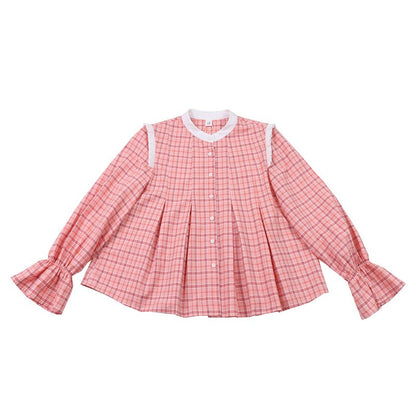 Red plaid small stand collar pleated shirt