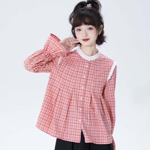 Red plaid small stand collar pleated shirt