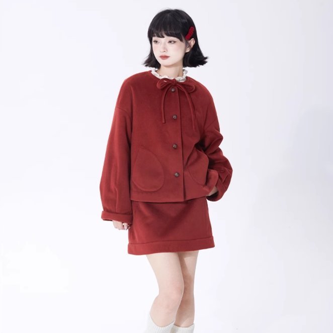 Red Woolen Skirt Loose Retro Short A-Line Skirt