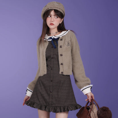 Retro brown checkered doll collar long sleeve dress