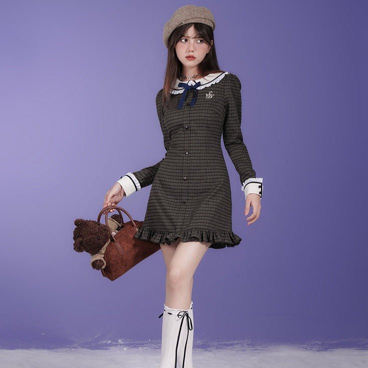 Retro brown checkered doll collar long sleeve dress