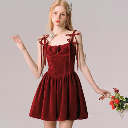 Rosy Christmas Velvet New Year Red Slip Dress
