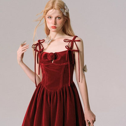 Rosy Christmas Velvet New Year Red Slip Dress