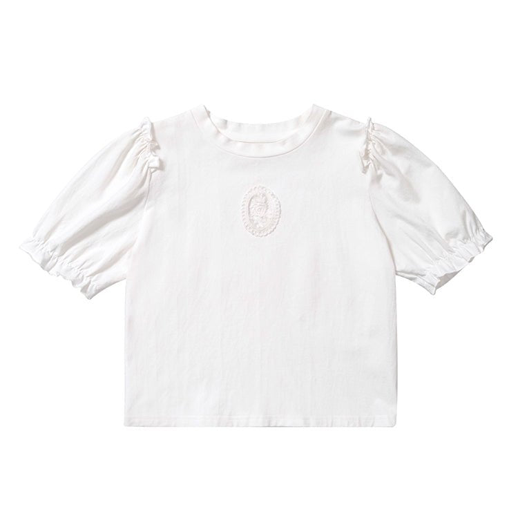 Round neck lantern sleeves rose small white T-shirt