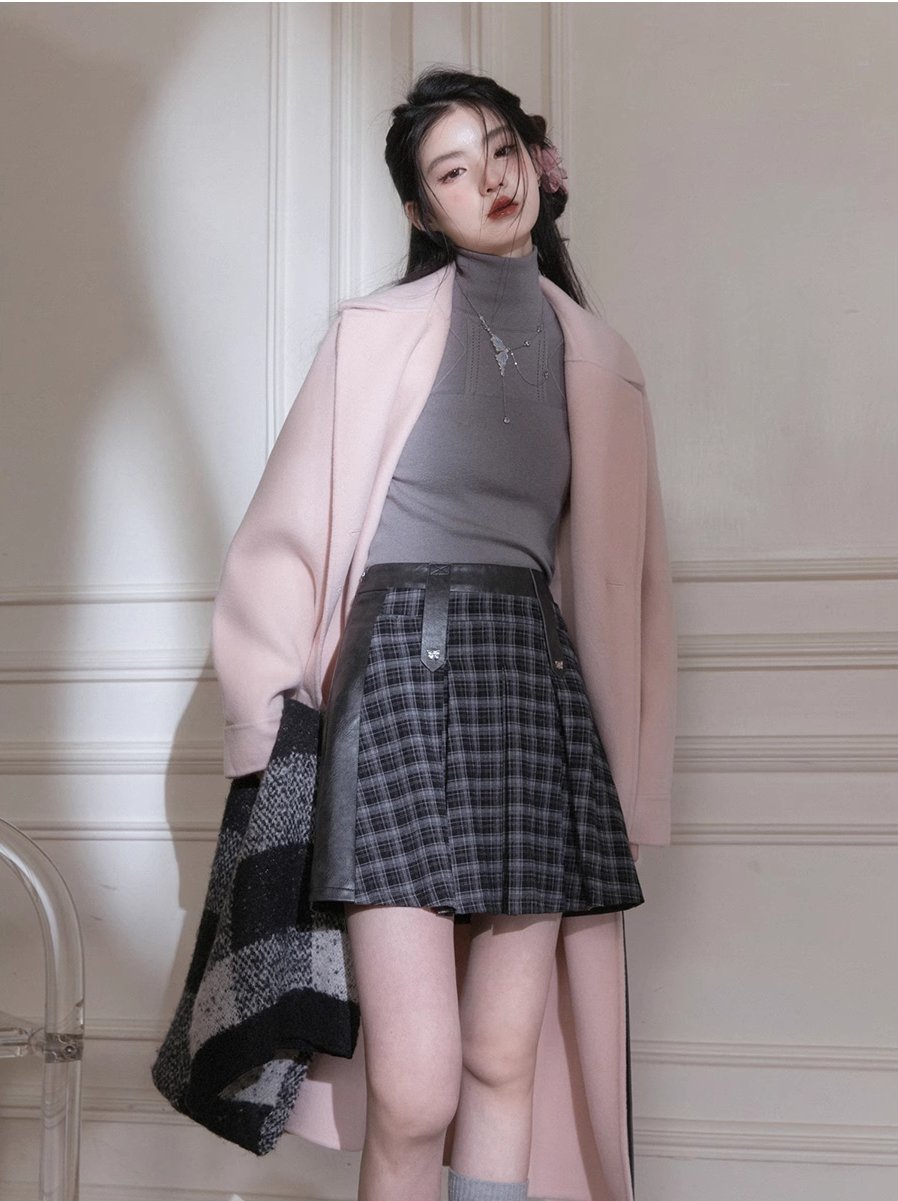 Rubber Gray Plaid, Frosted Mocha Pleated Short Skirt