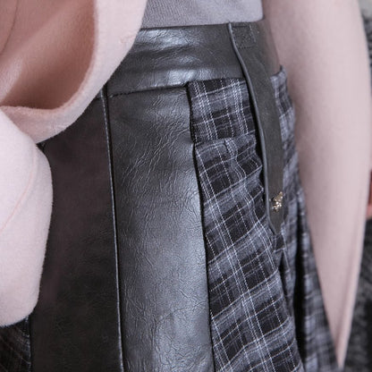 Rubber Gray Plaid, Frosted Mocha Pleated Short Skirt