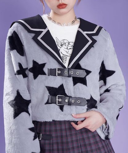 Sailor Collar Faux Rabbit Fur  Cotton Short Jacket