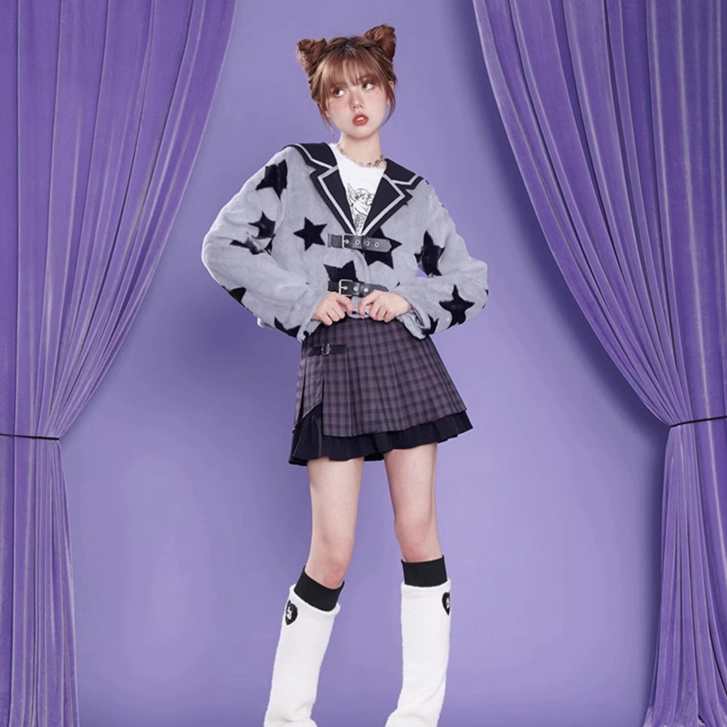 Sailor Collar Faux Rabbit Fur  Cotton Short Jacket