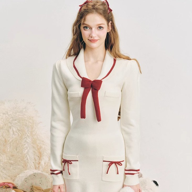 Sailor Knit Dress Navy Neck Slim Skirt