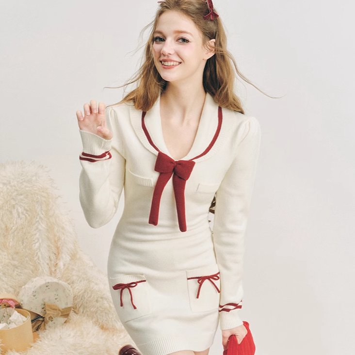 Sailor Knit Dress Navy Neck Slim Skirt