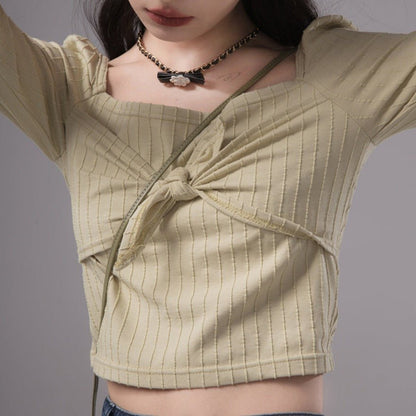 Salted olive tie knotted bottoming sweater top