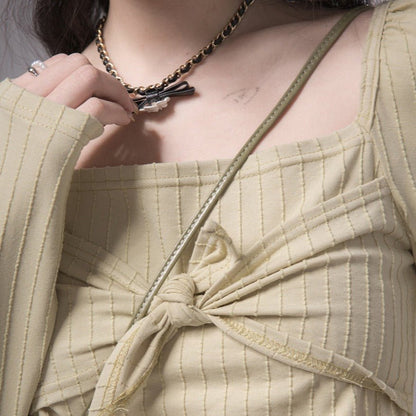Salted olive tie knotted bottoming sweater top