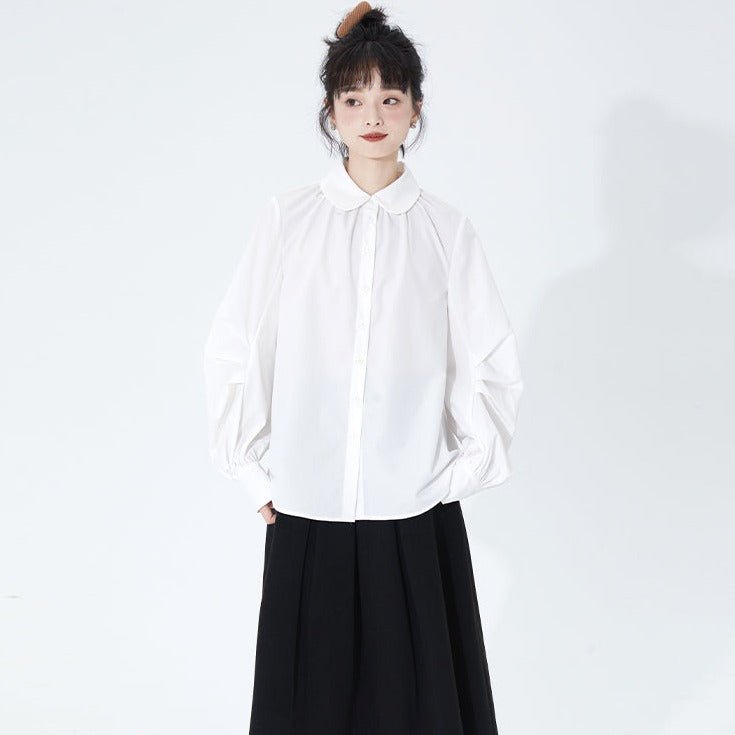 Simple college style pleated silhouette sleeve shirt