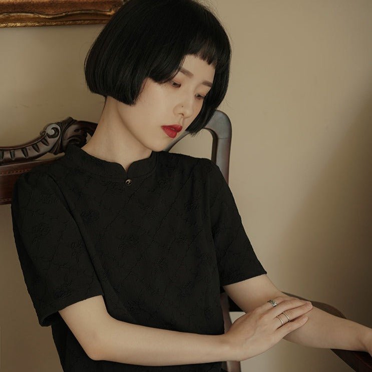 Stand collar short sleeve cheongsam style black dress