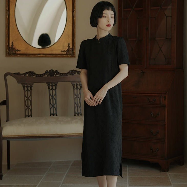 Stand collar short sleeve cheongsam style black dress