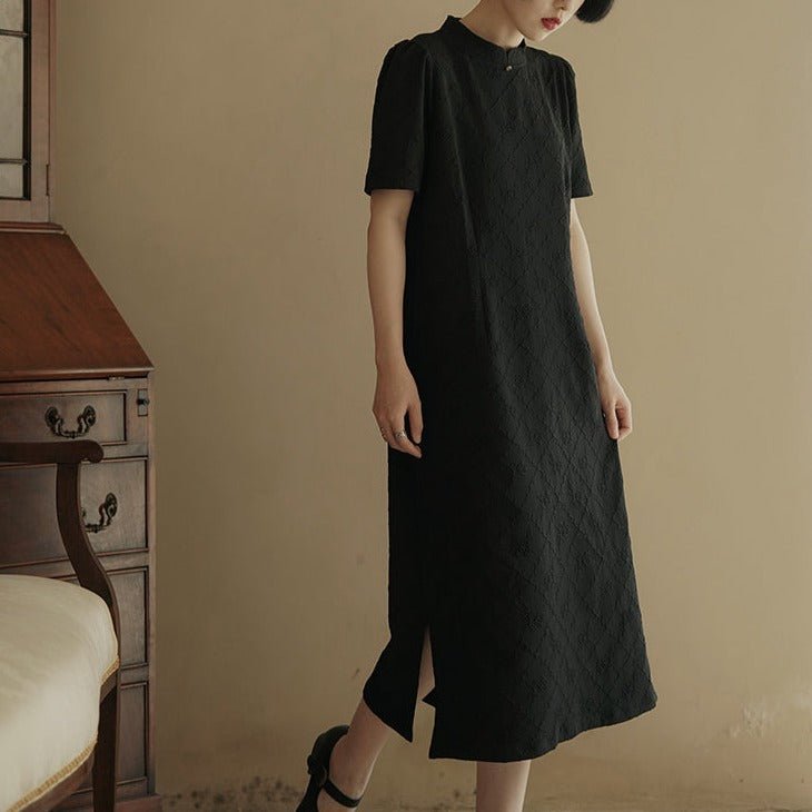 Stand collar short sleeve cheongsam style black dress
