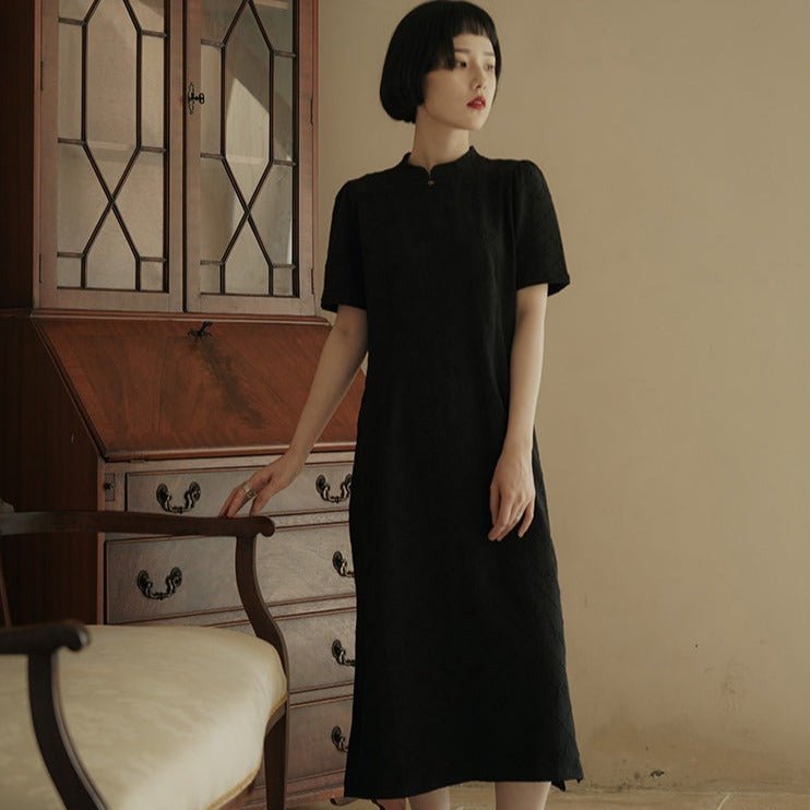 Stand collar short sleeve cheongsam style black dress
