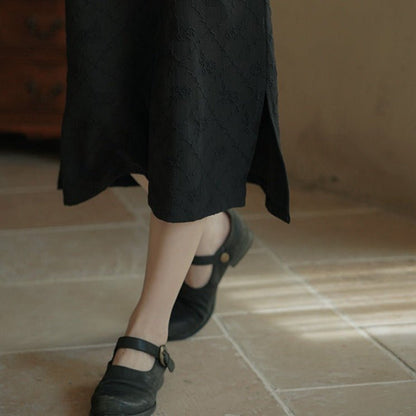 Stand collar short sleeve cheongsam style black dress