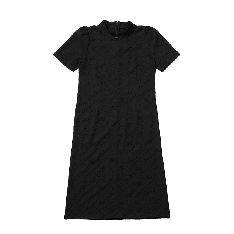 Stand collar short sleeve cheongsam style black dress