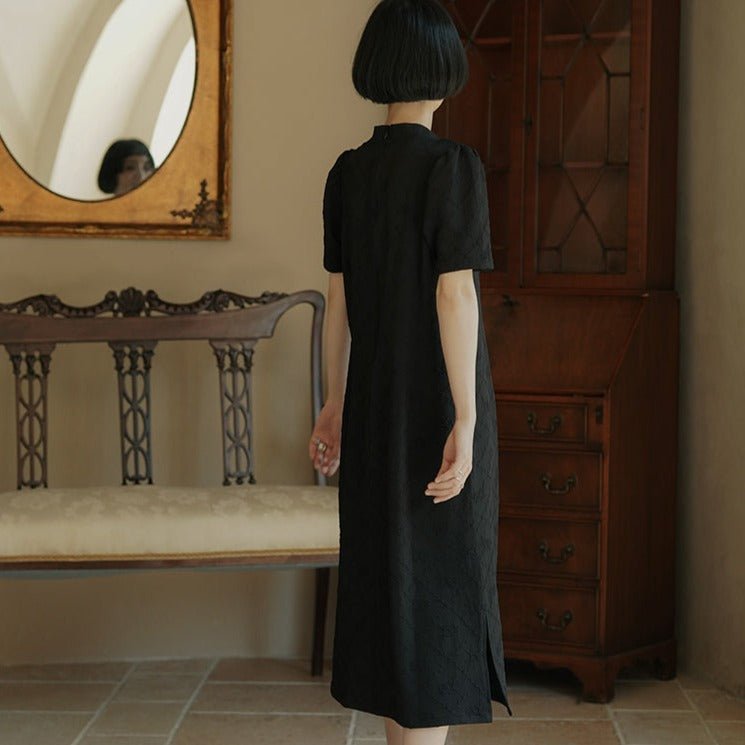 Stand collar short sleeve cheongsam style black dress