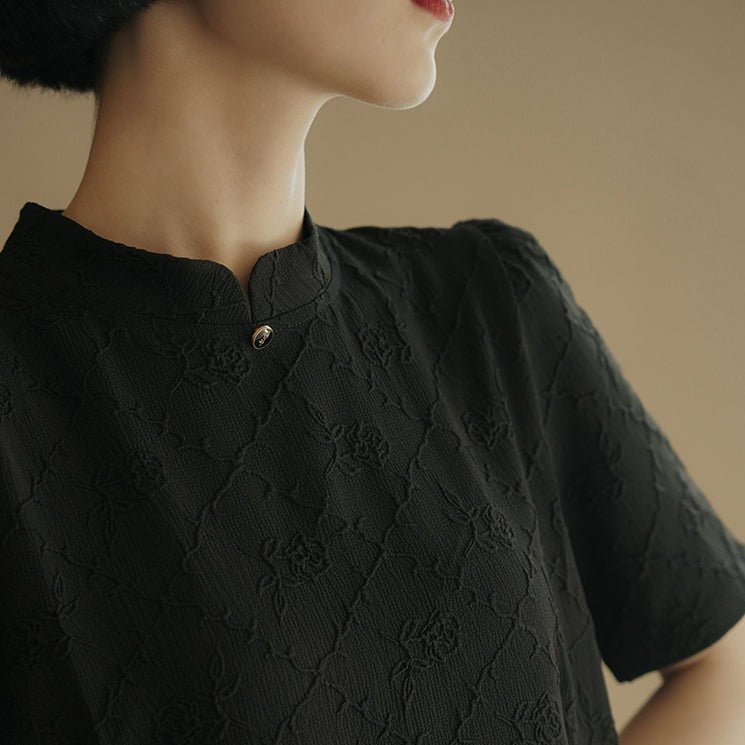Stand collar short sleeve cheongsam style black dress