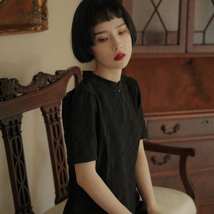 Stand collar short sleeve cheongsam style black dress