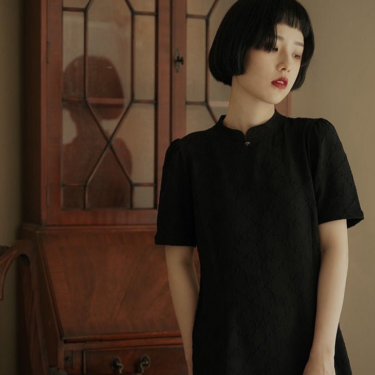 Stand collar short sleeve cheongsam style black dress