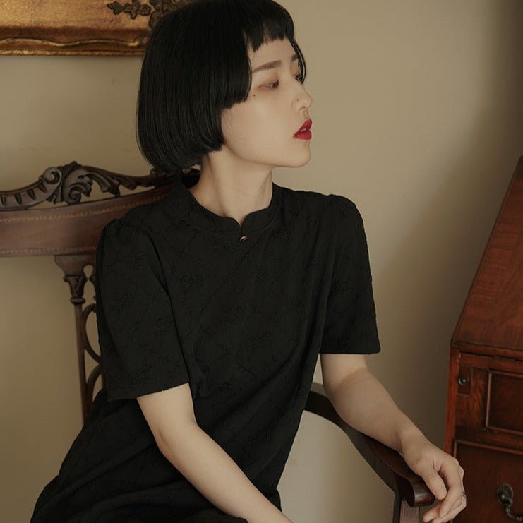 Stand collar short sleeve cheongsam style black dress