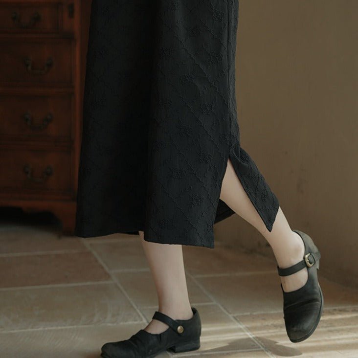 Stand collar short sleeve cheongsam style black dress