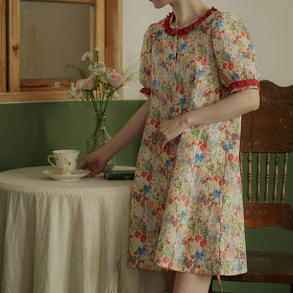 Stitching puff sleeves contrasting lace pastoral floral dress