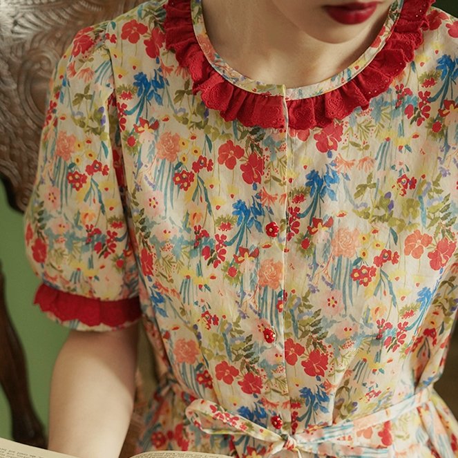 Stitching puff sleeves contrasting lace pastoral floral dress