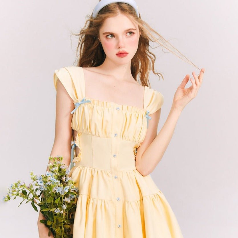 Summer Lemon Miniskirt Yellow Ribbon Ruched Puff Dress