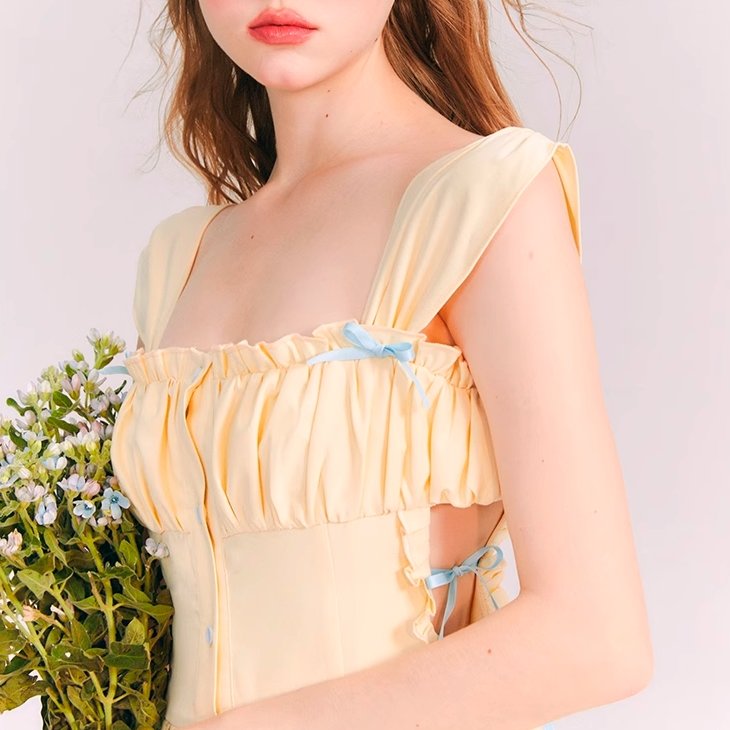 Summer Lemon Miniskirt Yellow Ribbon Ruched Puff Dress