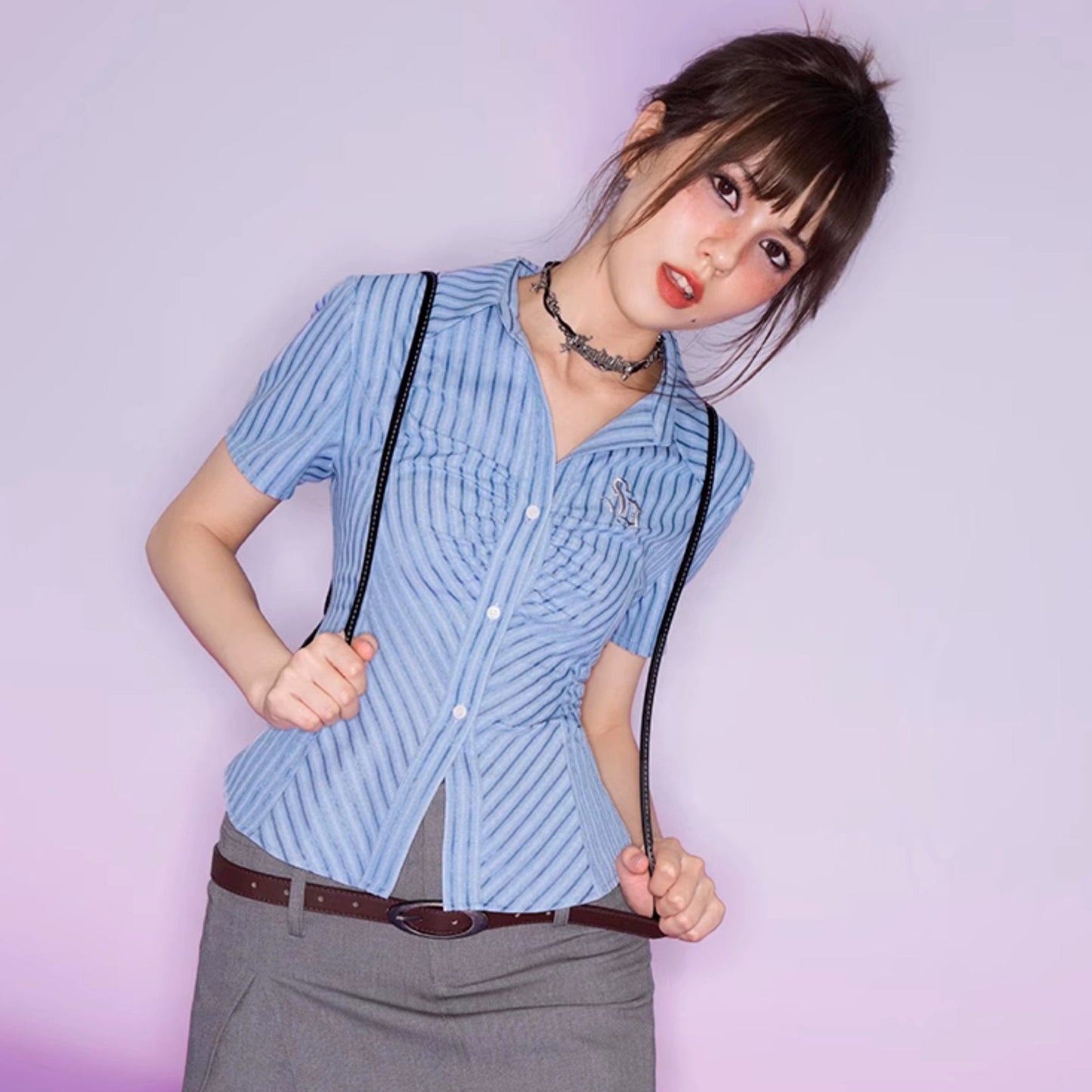 Thai college style blue striped waist shirt slim