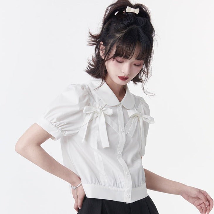white doll collar short shirt bubble sleeve strap