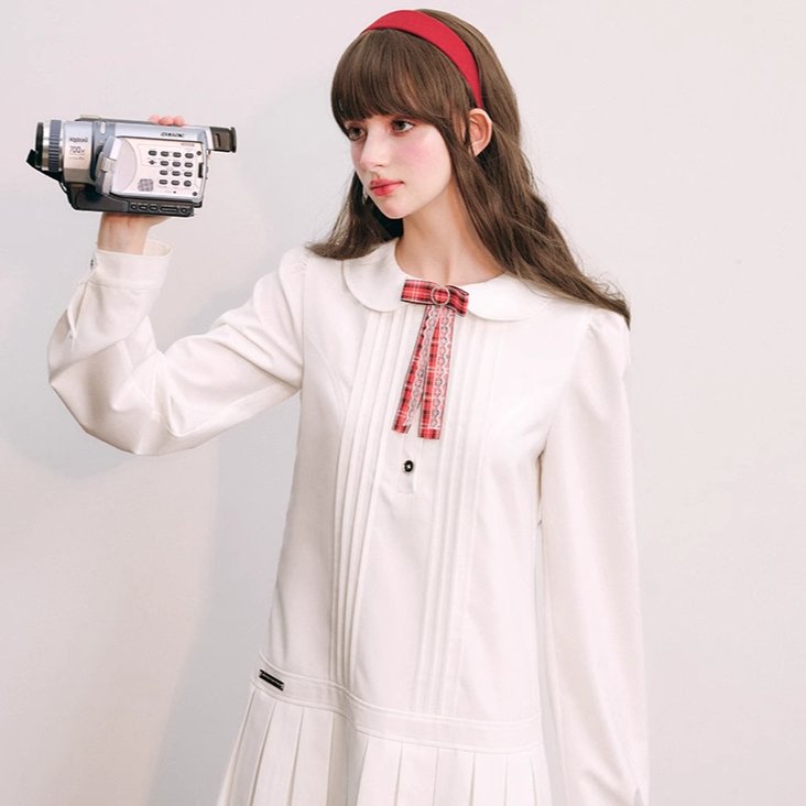Classical Girl White Pleated Ribbon Mini Dress – remulia Classical Girl White Pleated Ribbon Mini Dress – remulia