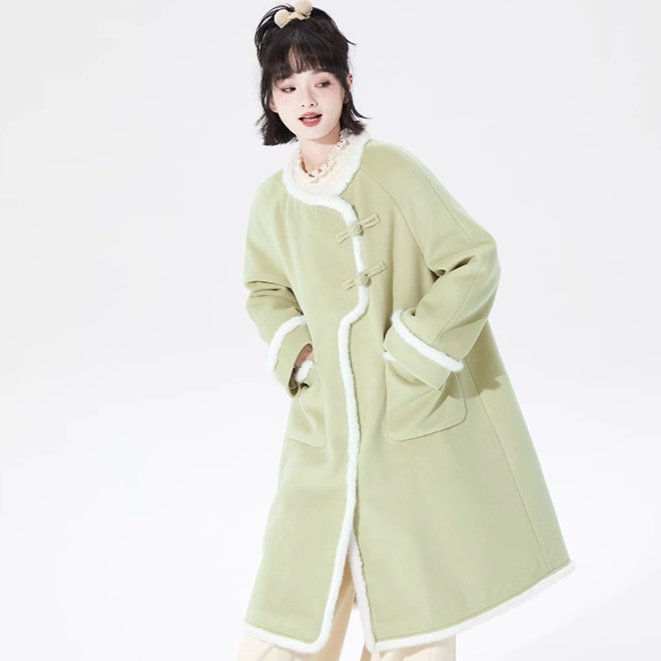 Woolen Coat Mid-Length Loose Buckle Furry Coat